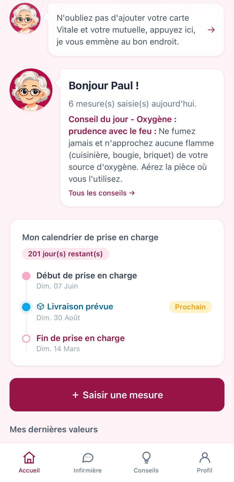 L'espace patient : l'avatar-guide accueille le patient, conseil du jour, calendrier de prise en charge et saisie des mesures