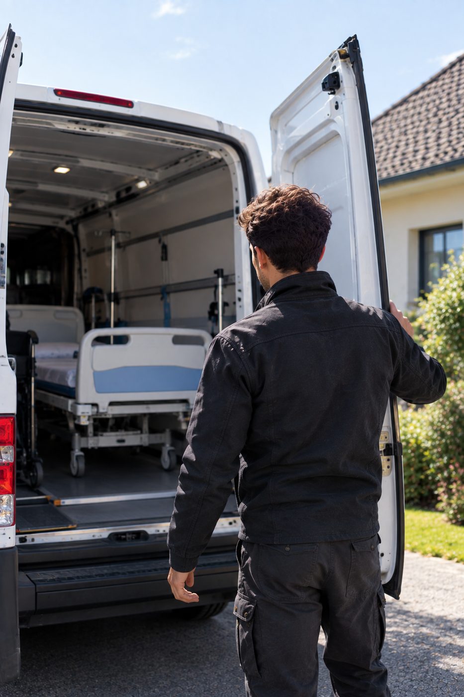 Un technicien ouvre sa camionnette devant la maison du client, un lit médicalisé à bord